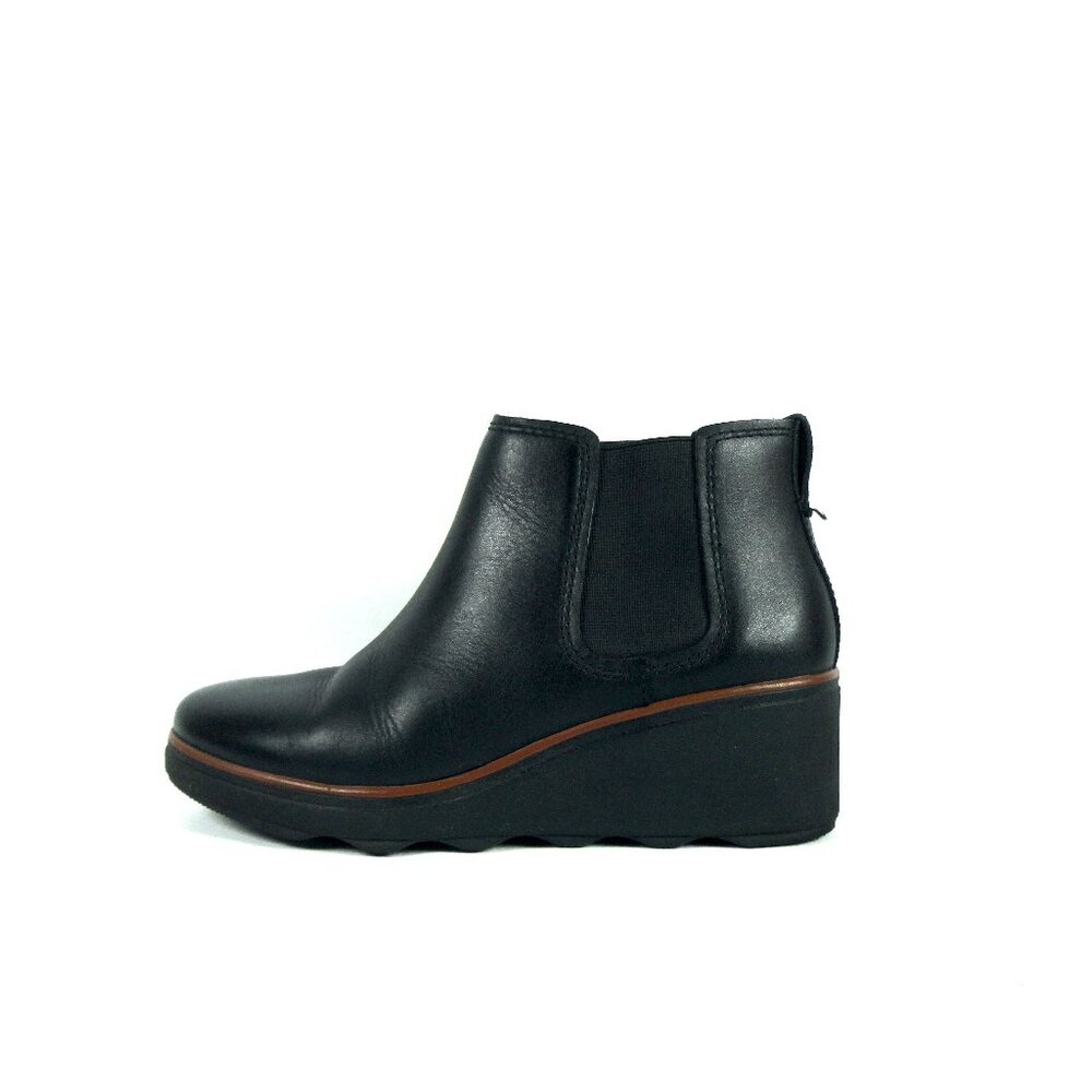 Clarks Mazy Tisbury Black Leather Ankle Wedge Chelsea Slip On Boots US EU 36